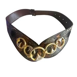 Vintage Genuine Peacock Feather 35" Belt Womens 80s Adjustable Brown Gold Tone